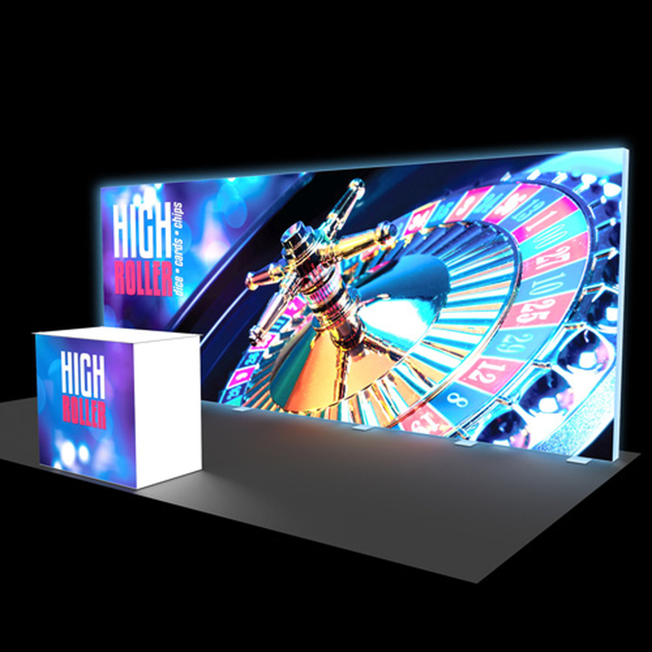 free standing edge-lit light box backdrop with a lit counter