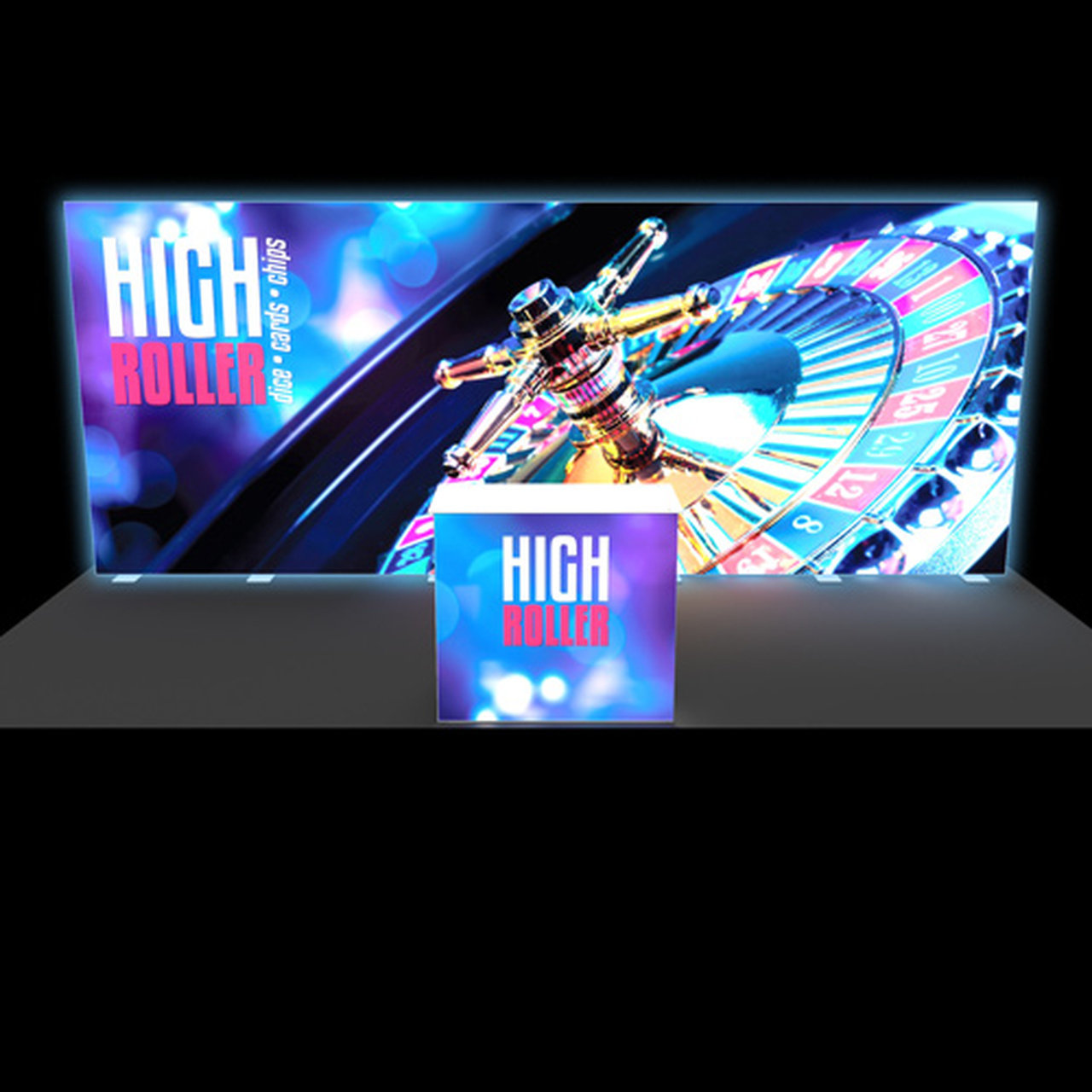 free standing edge-lit light box backdrop with a lit counter