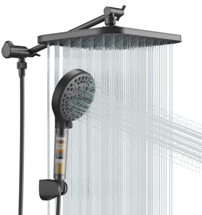 KSB005 Full Coverage Rainfall Matt Black Shower Head Combo Easy Installation Shower Set With 10 Spray Hand Shower Head