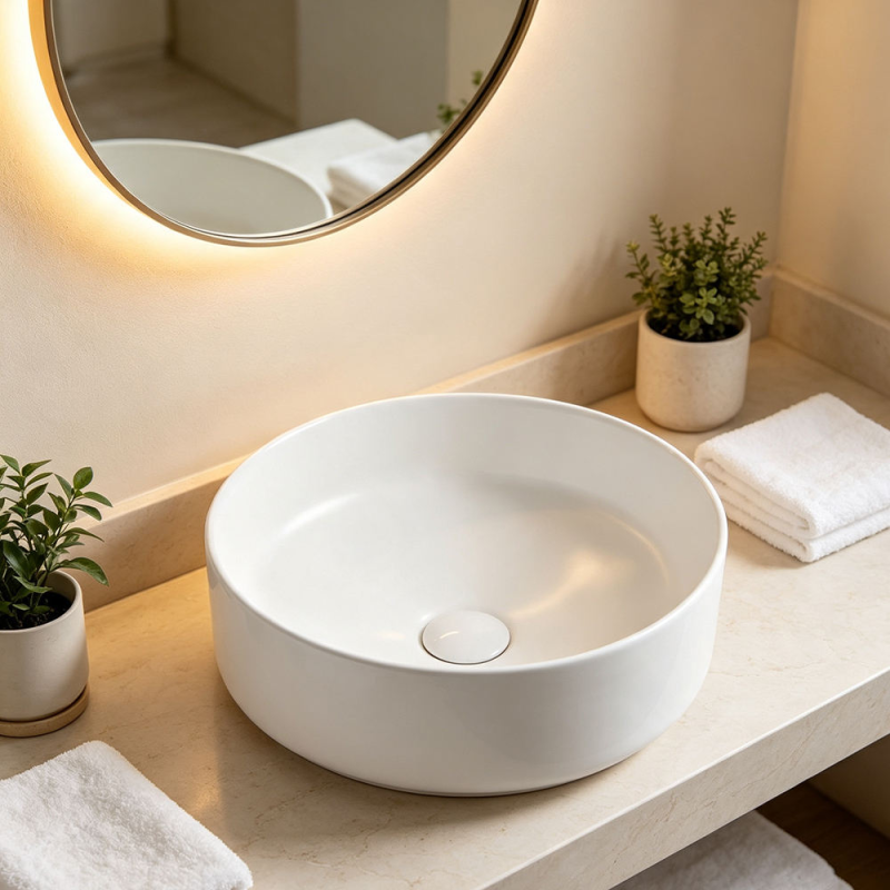KSB013 Modern Minimalist White Round Countertop Ceramic Bathroom Sink with Easy Clean Surface