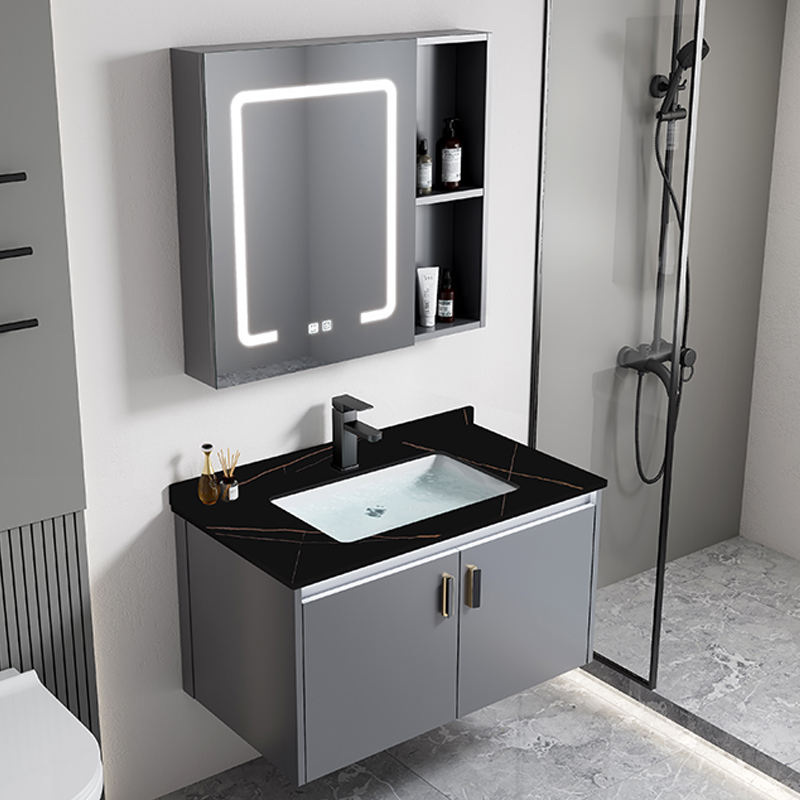 KSB015 Modern Waterproof Water Resistant LED Lacquer Finish Aluminum Alloy Wall-Mounted Bathroom Cabinet Set Ceramic Basin Vanity Sink