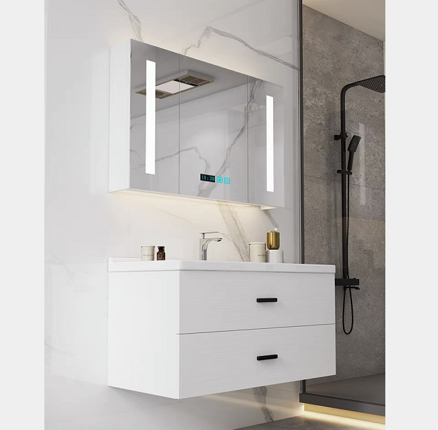 KSB016 Bathroom Cabinet With Mirror Wholesale Wall Mounted White PVC Bathroom Vanities White Glass Basin