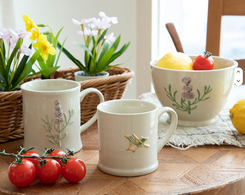 KP001Summer Vibe Floral Bowl and and Rocking Chair Cup Set Embossed Ceramic Dinner Bowl and Coffee Mugs Dinnerware Set
