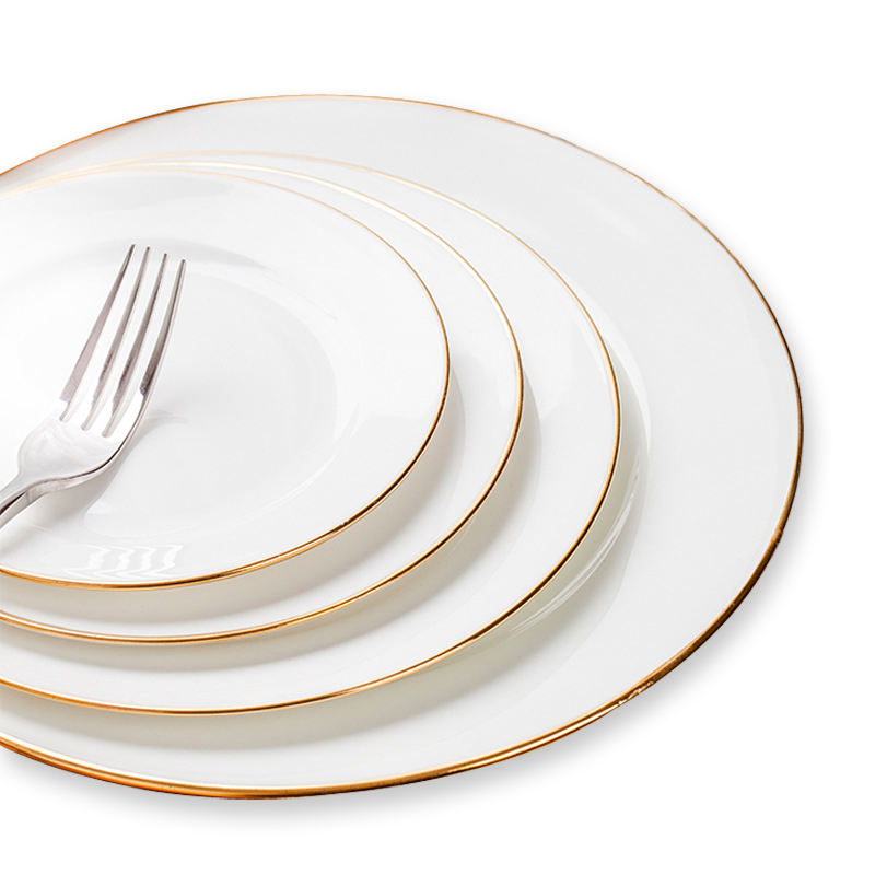 KP006 Ceramic Factory Wholesale Luxury With Golden Rim White Plate Bone China Flat Plate Dinnerware 6/7/8/10 Inch Ceramic Dinner Plate