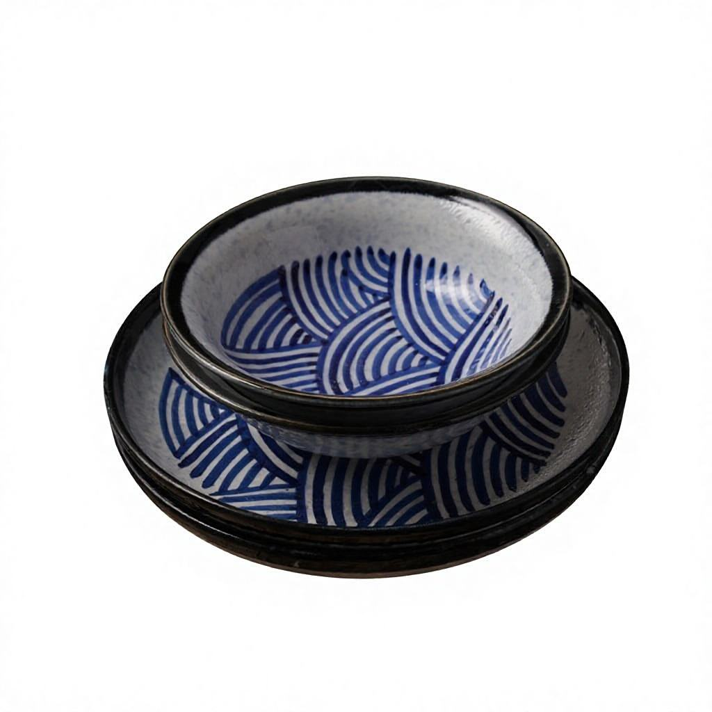 KP009 Creative Hand-painted Wave-pattern Plate Household Dinner Plate Bowl Saucer Set Vintage Tableware 9-inch Deep