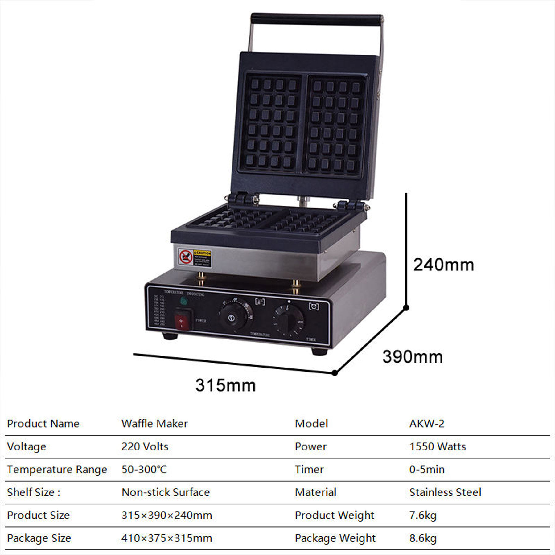 Heavy Duty Commercial Waffle Maker | 2-Slice Electric Square Waffle Press for Cafe