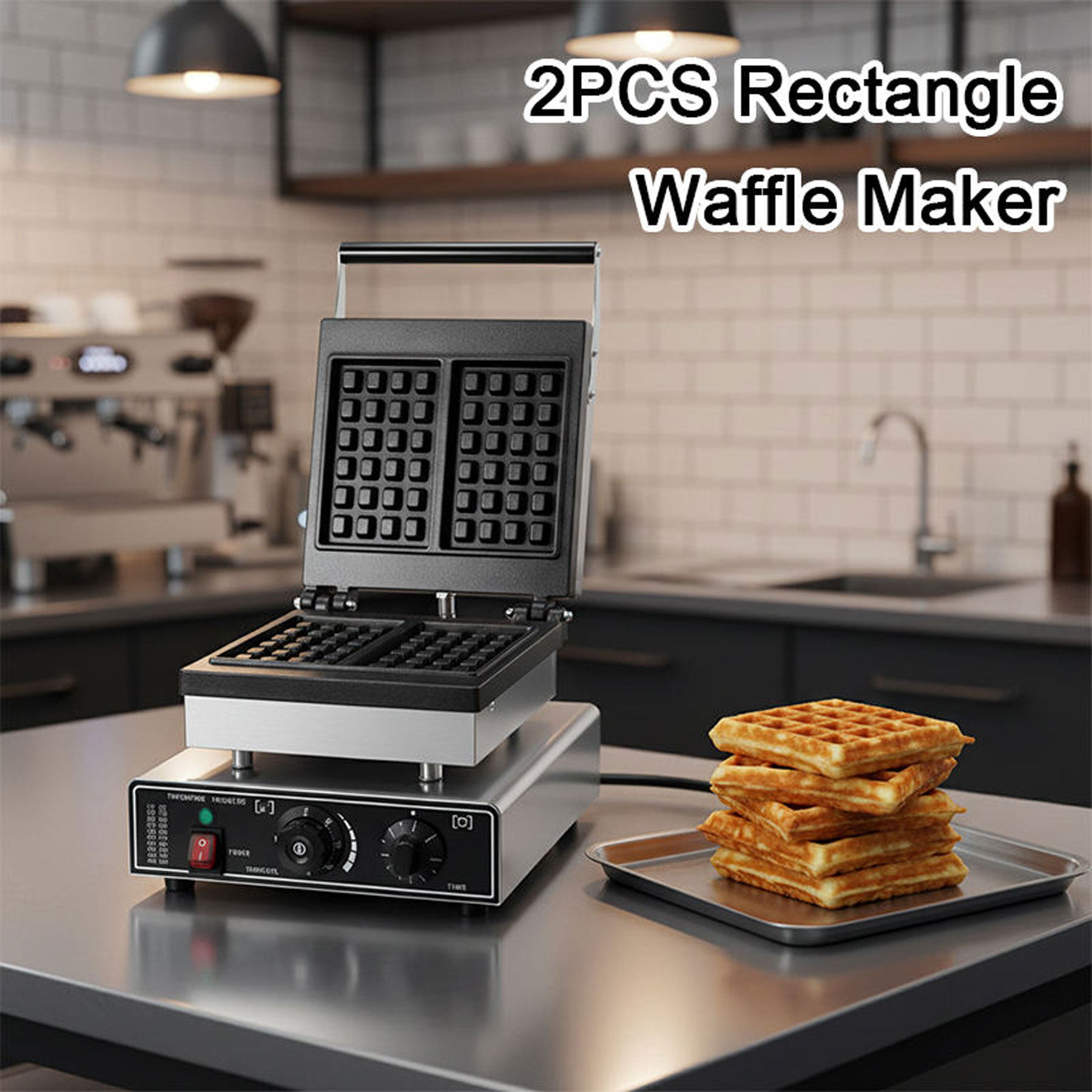 Heavy Duty Commercial Waffle Maker | 2-Slice Electric Square Waffle Press for Cafe