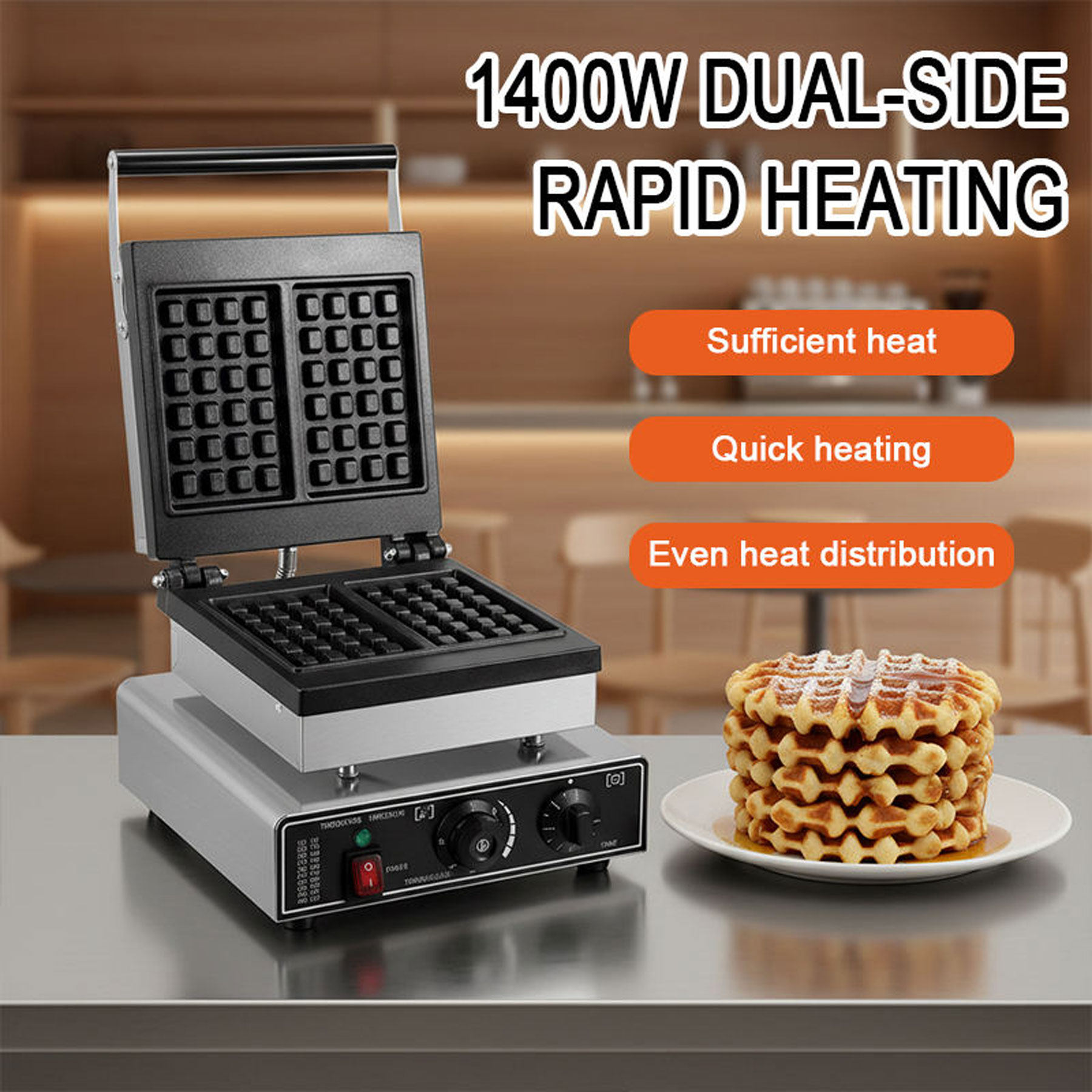 Heavy Duty Commercial Waffle Maker | 2-Slice Electric Square Waffle Press for Cafe