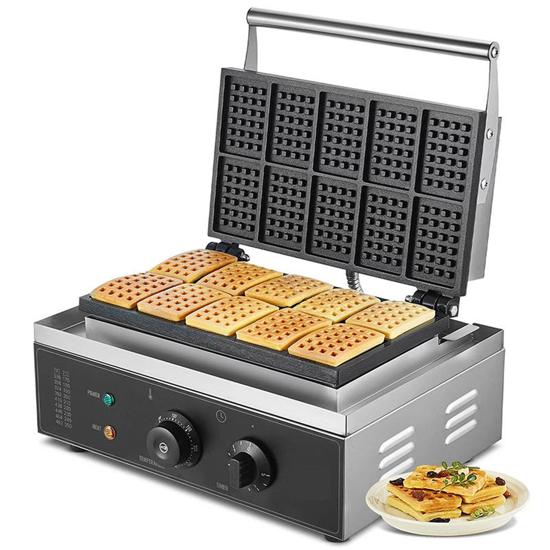 Commercial 10-Slice Square Waffle Maker, 1550W Electric Belgian Waffle Iron with Non-Stick Plates & Adjustable Thermostat for Bakery