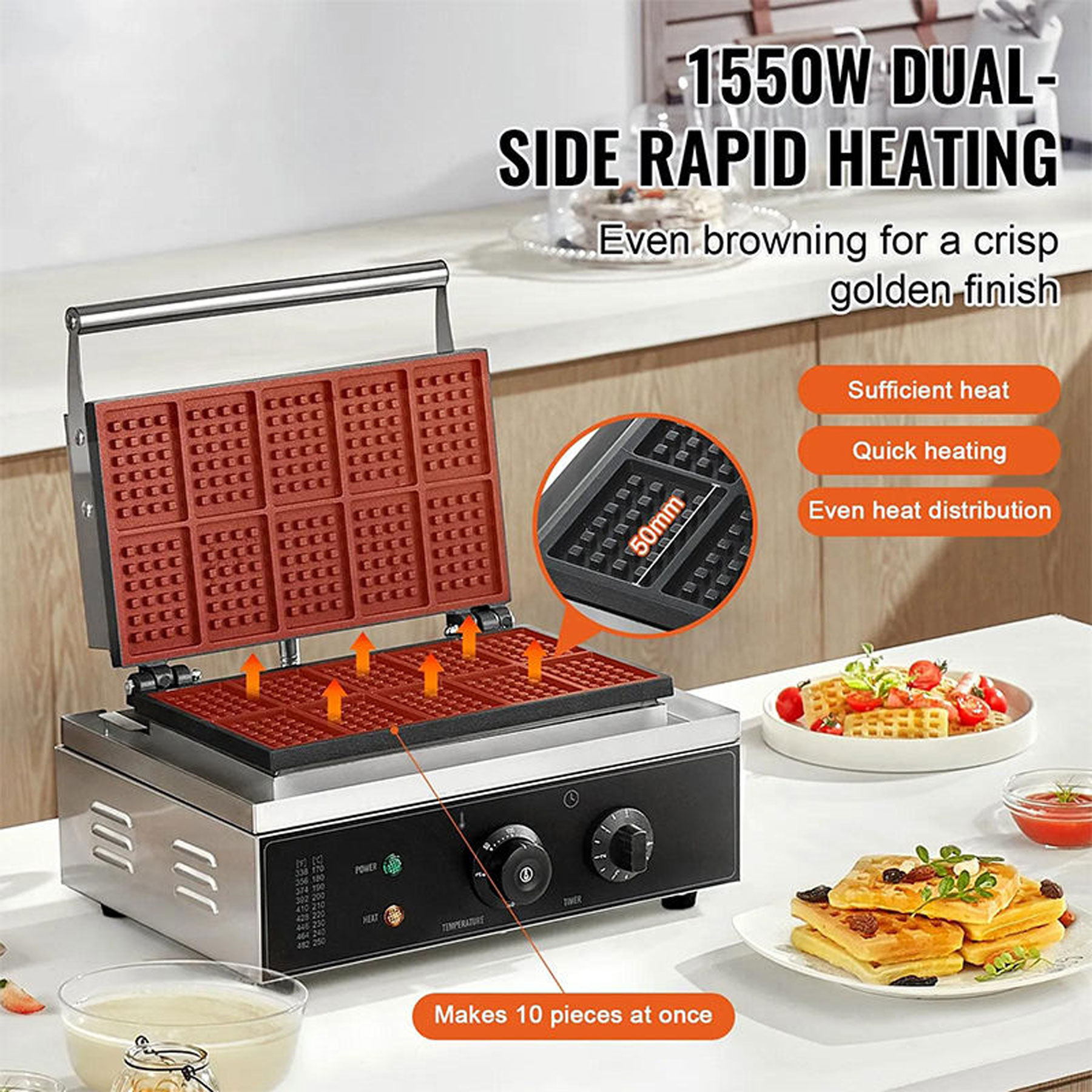 Commercial 10-Slice Square Waffle Maker, 1550W Electric Belgian Waffle Iron with Non-Stick Plates & Adjustable Thermostat for Bakery
