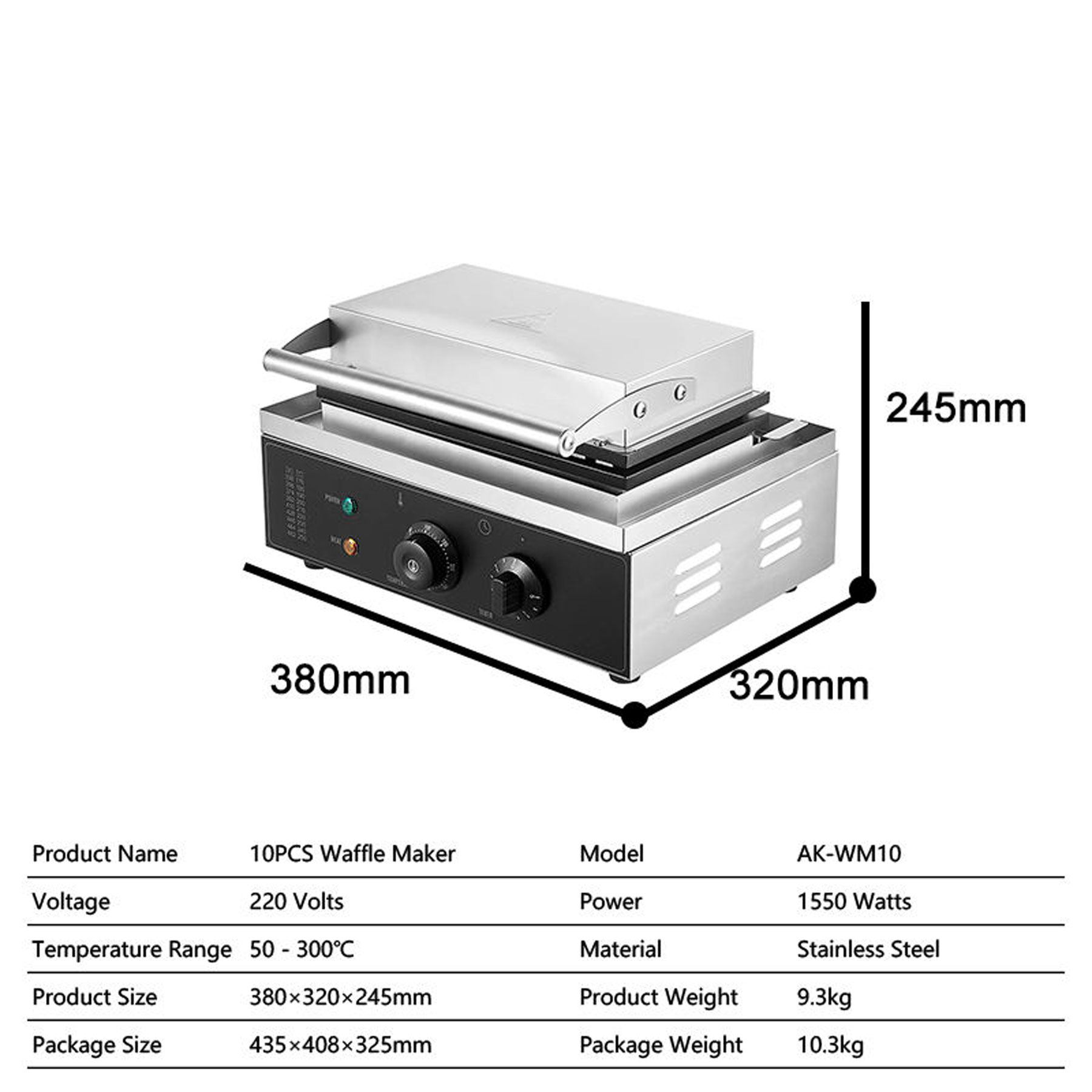 Commercial 10-Slice Square Waffle Maker, 1550W Electric Belgian Waffle Iron with Non-Stick Plates & Adjustable Thermostat for Bakery