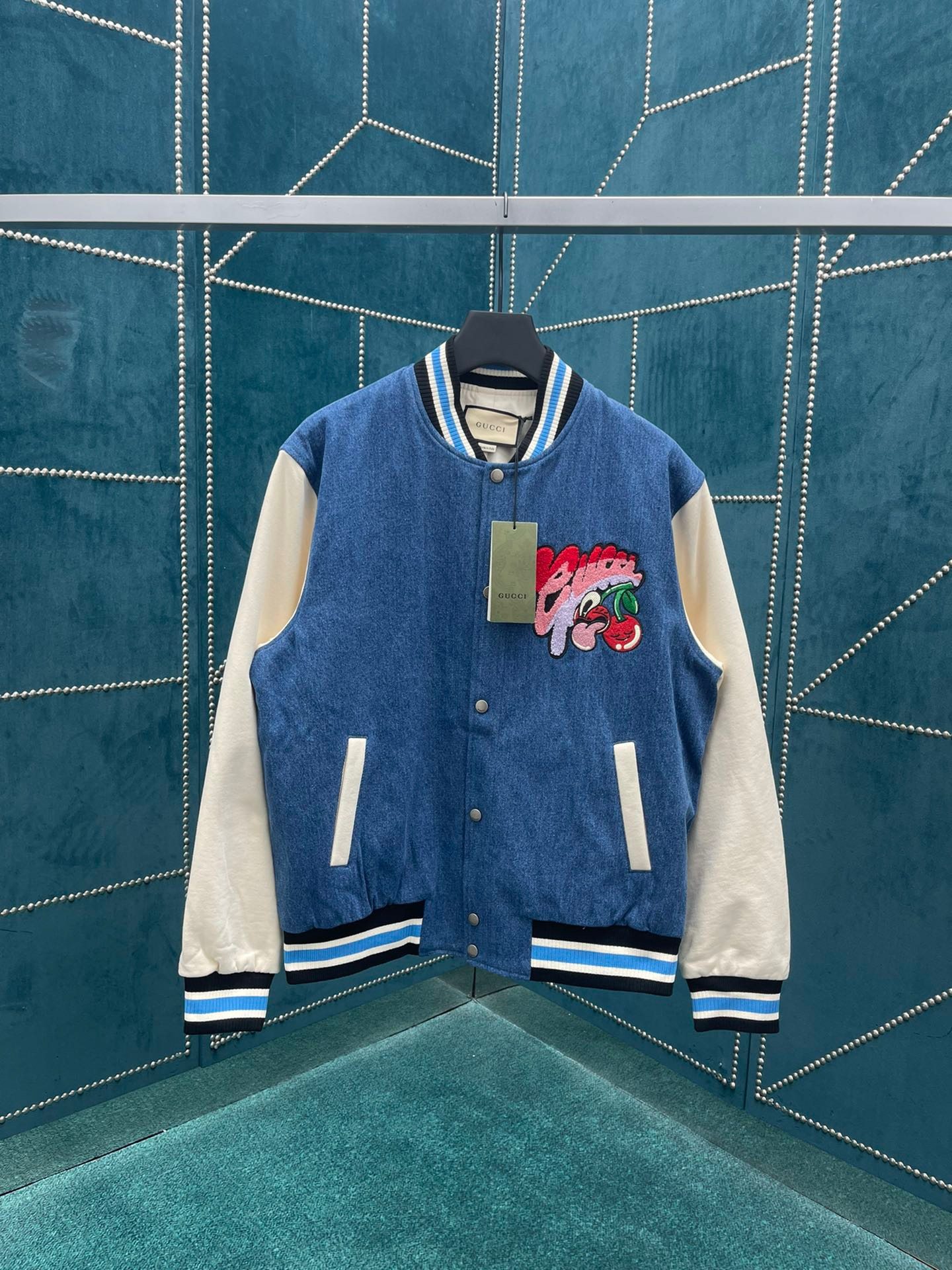 24ss New Style Patchwork Blue and White Chest Funny Cherry Patch Baseball Jacket Coat. Unisex