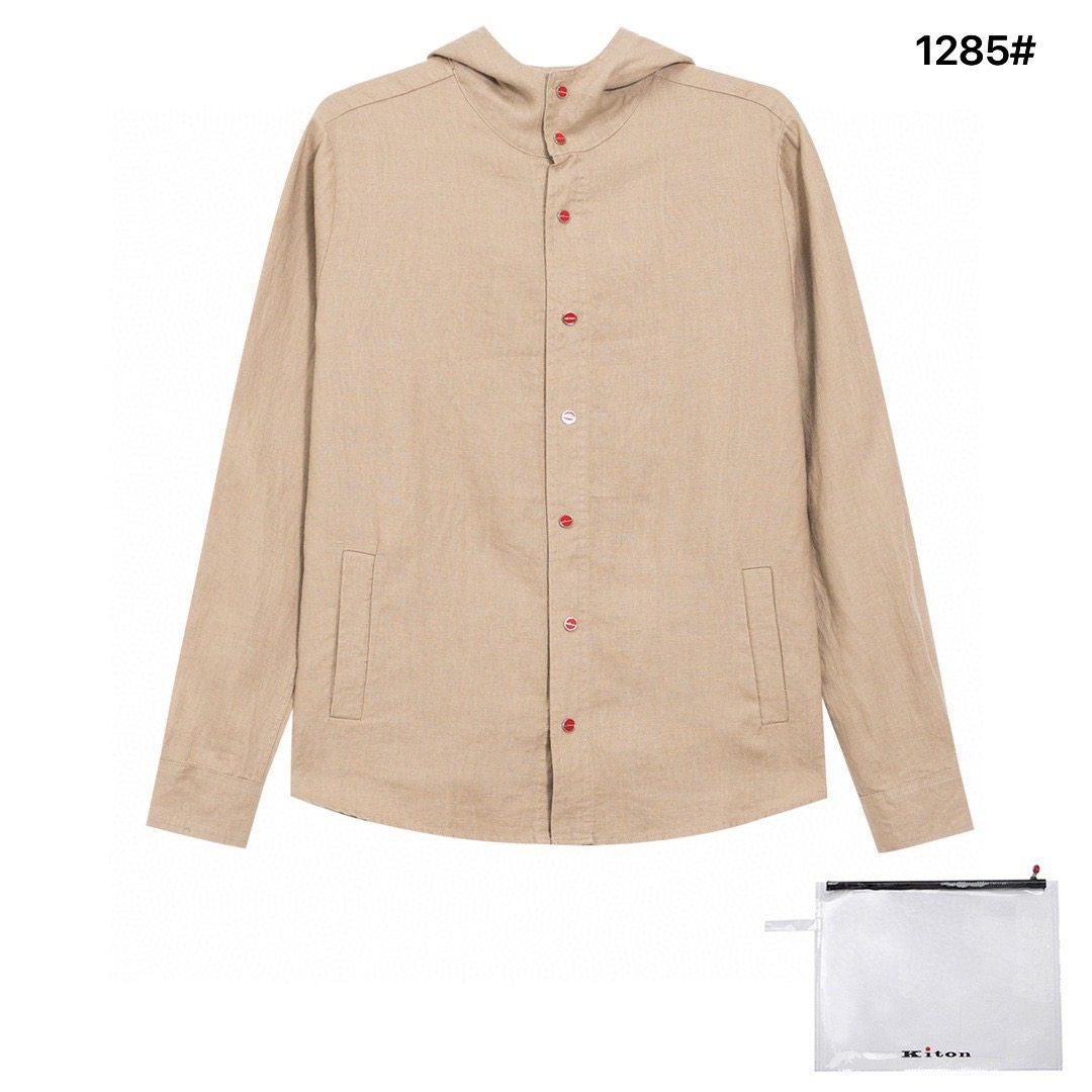 Kiton 2024SS New Spring/Summer Hooded Shirt. Custom-woven top-quality linen fabric. High-end hardware buttons and accessories. Perfect details