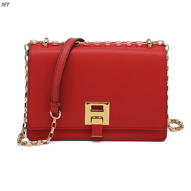 Luxurious Red Leather Handbag with Golden Chain and Lock Detail for Women