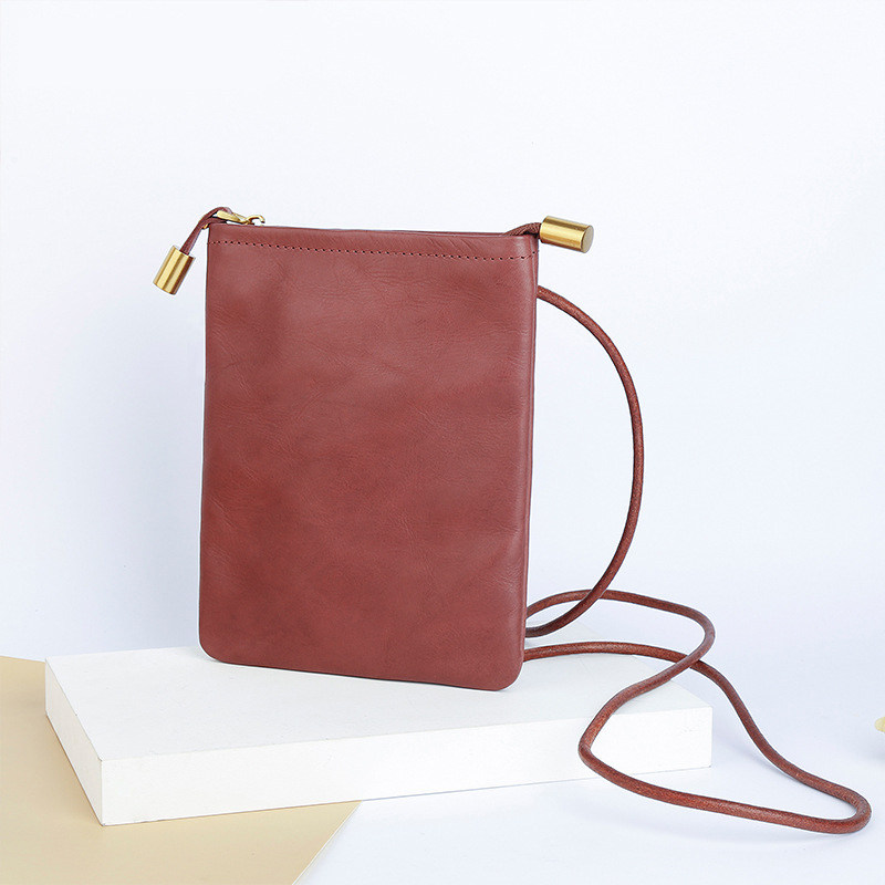 Leather Phone Pouch with Golden Zipper & Detachable Brown Rope