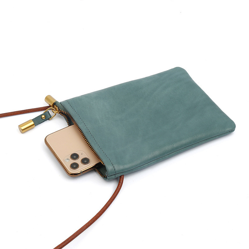 Leather Phone Pouch with Golden Zipper & Detachable Brown Rope