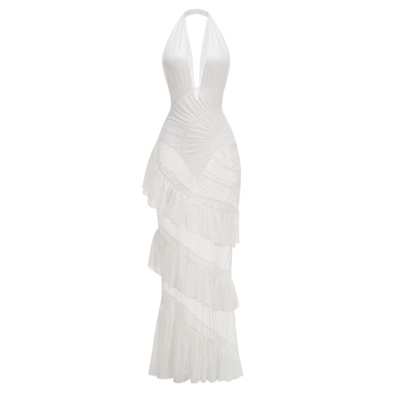 Hanging neck skirt deep V stitching perspective backless sexy dress