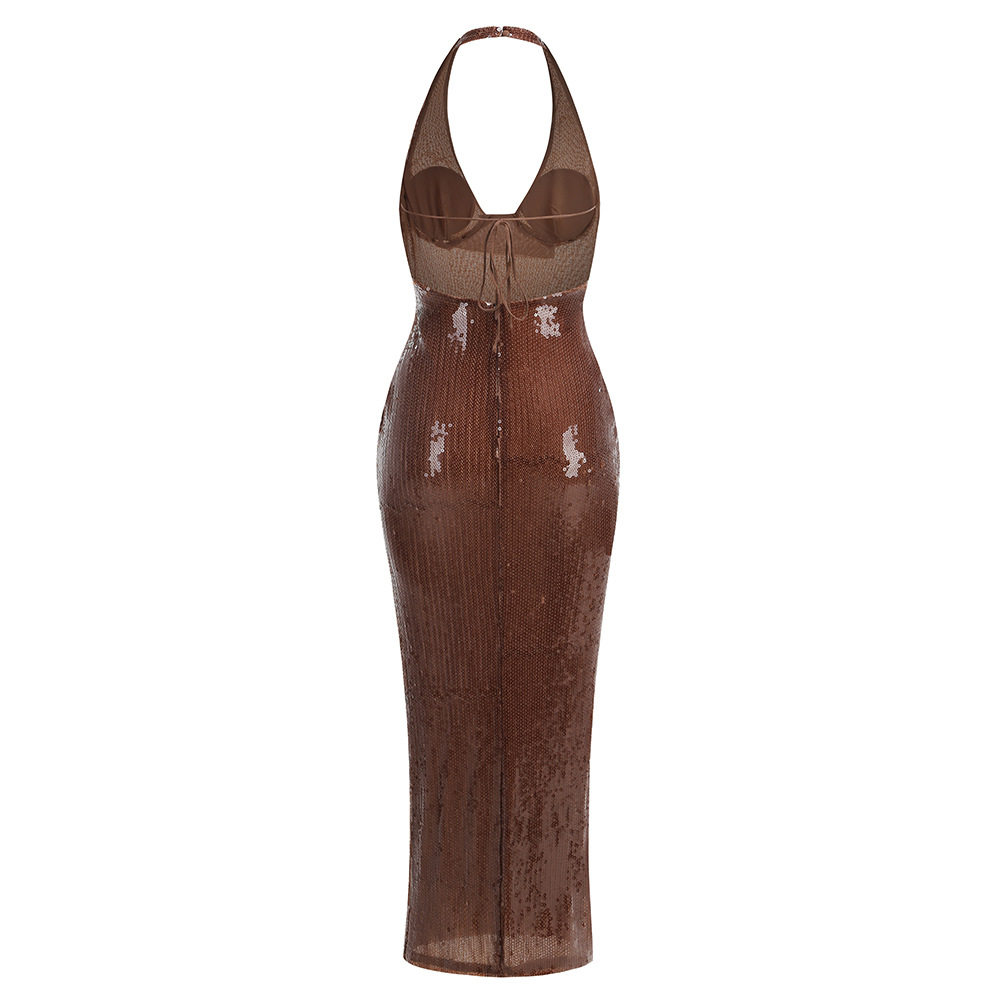 Dark brown sequined long skirt with neck hanging