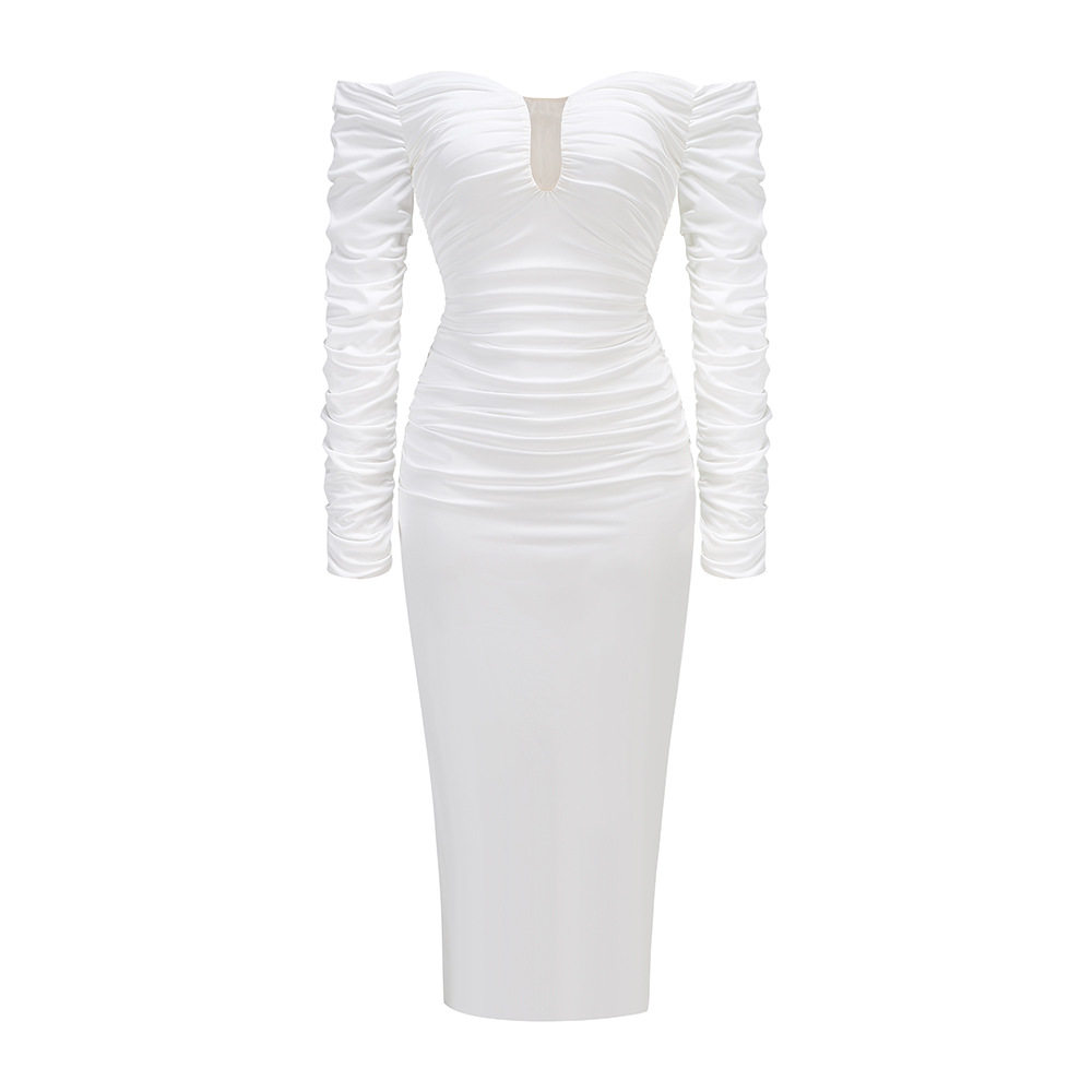 Deep V tube top white pleated U-neck off-the-shoulder dress