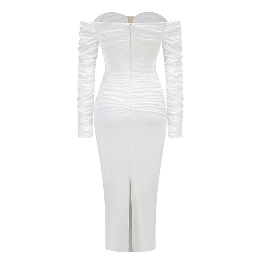 Deep V tube top white pleated U-neck off-the-shoulder dress