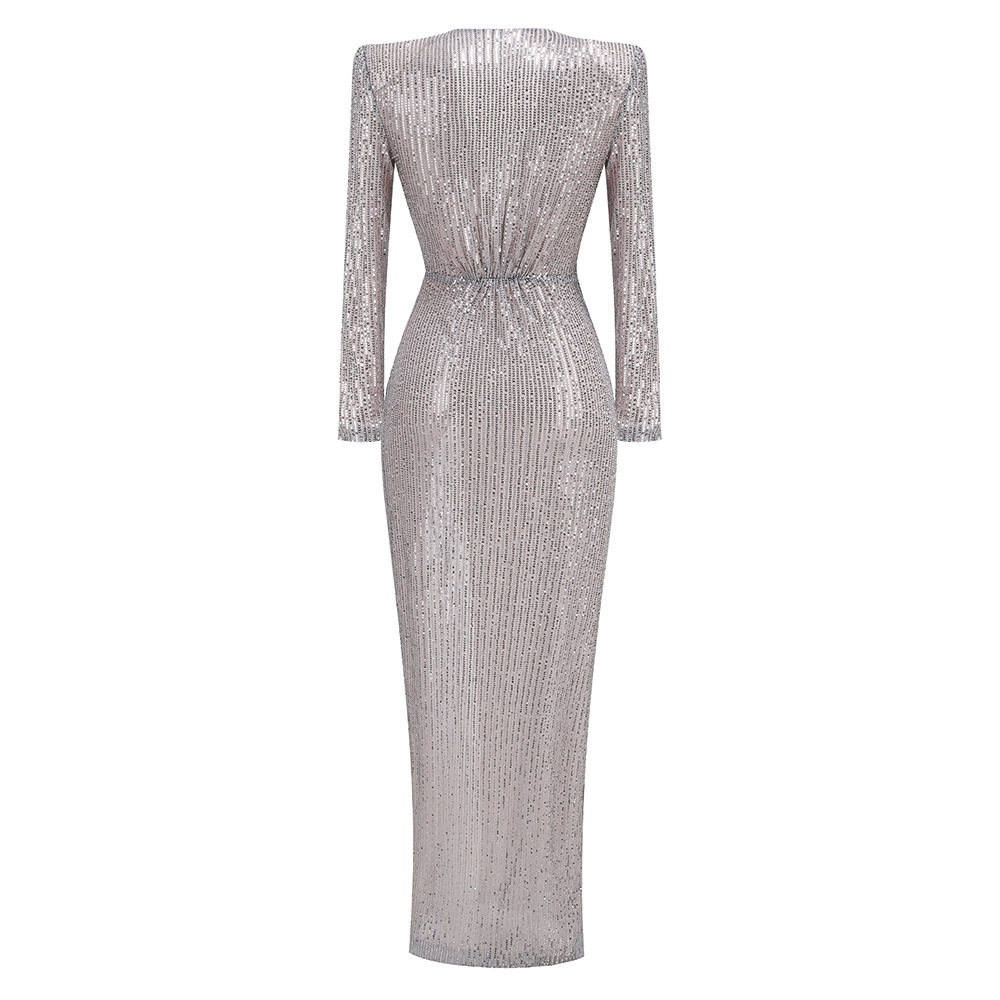 Sequined deep V-pleated dress