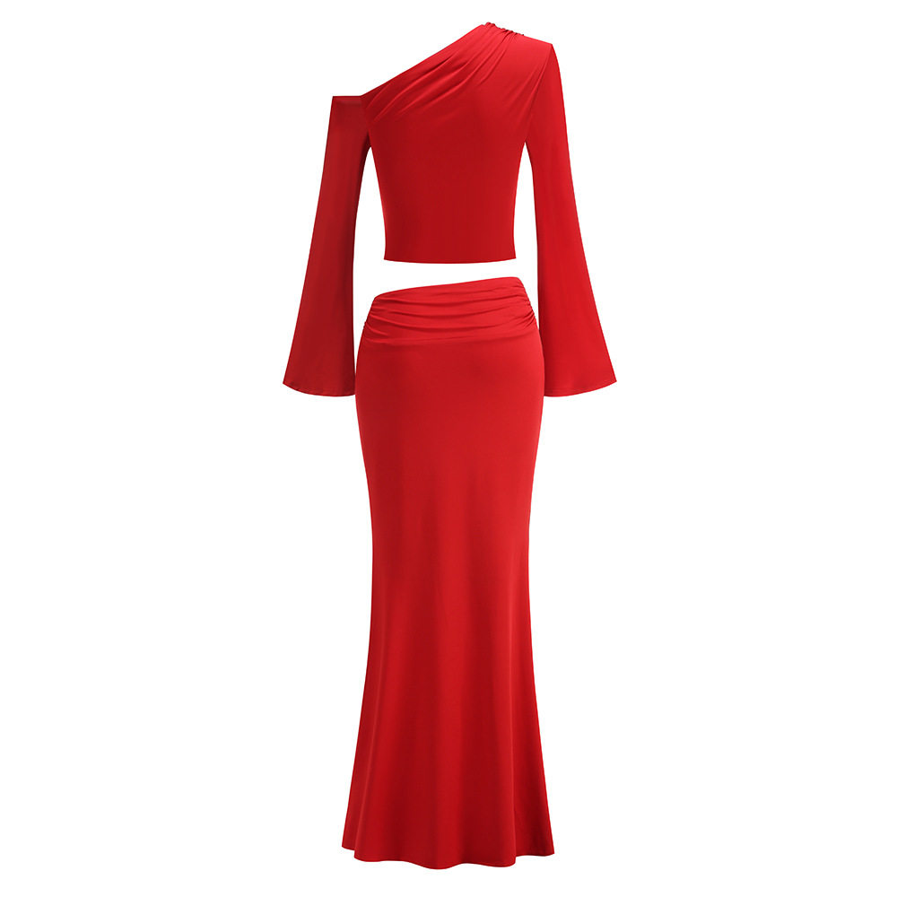 Slim-fitting dress with diagonal collar and high waist