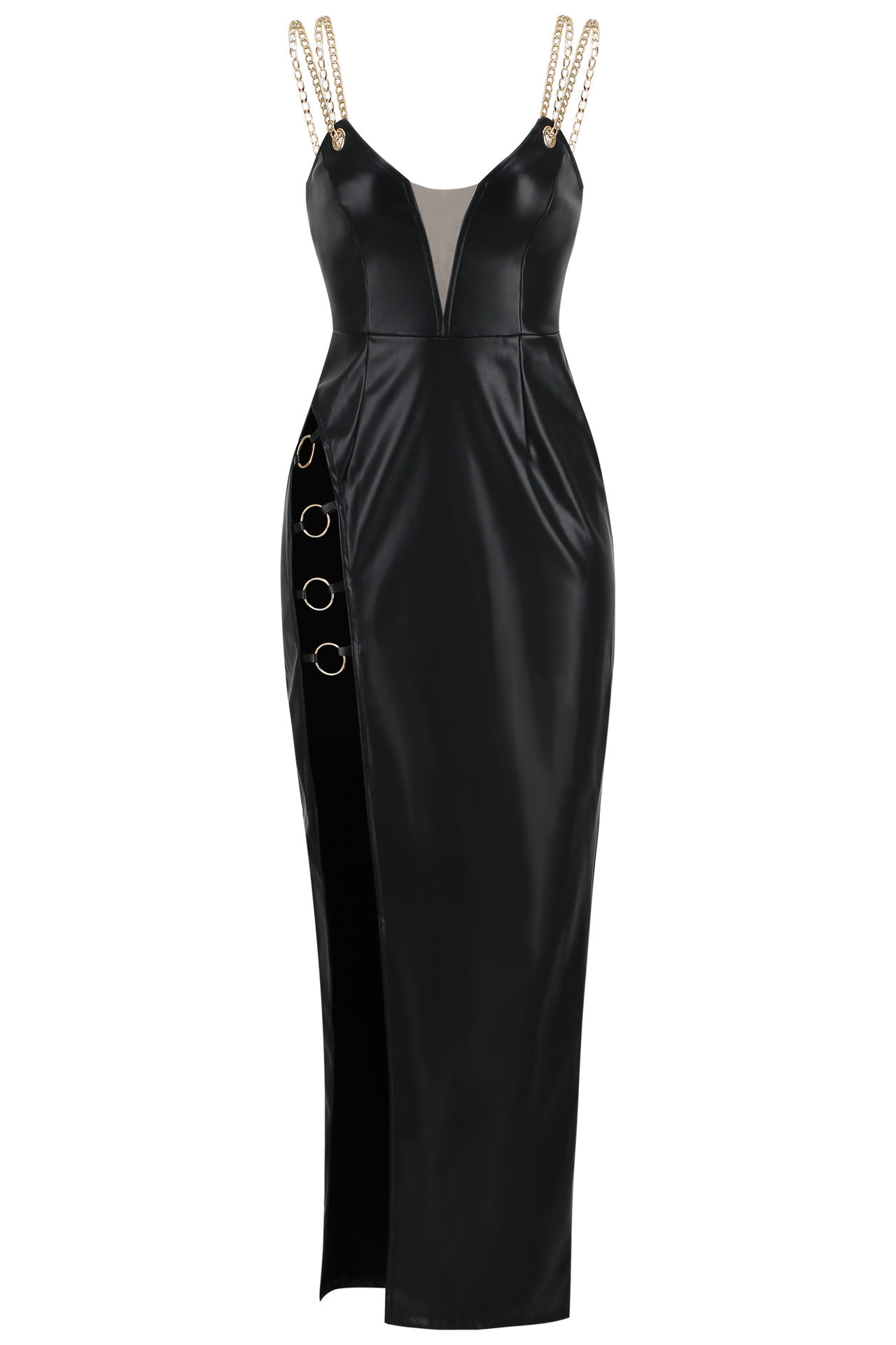 Deep V-chain sling slim slit dress