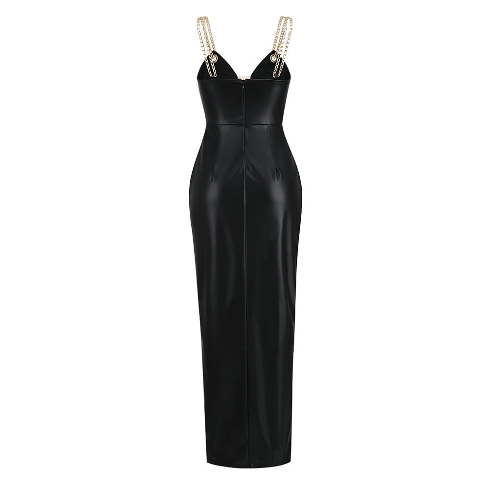 Deep V-chain sling slim slit dress