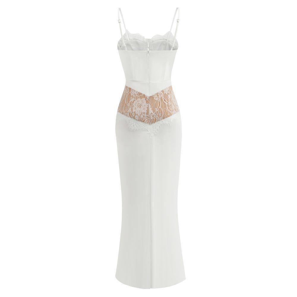 Lace suspender backless high slit button dress