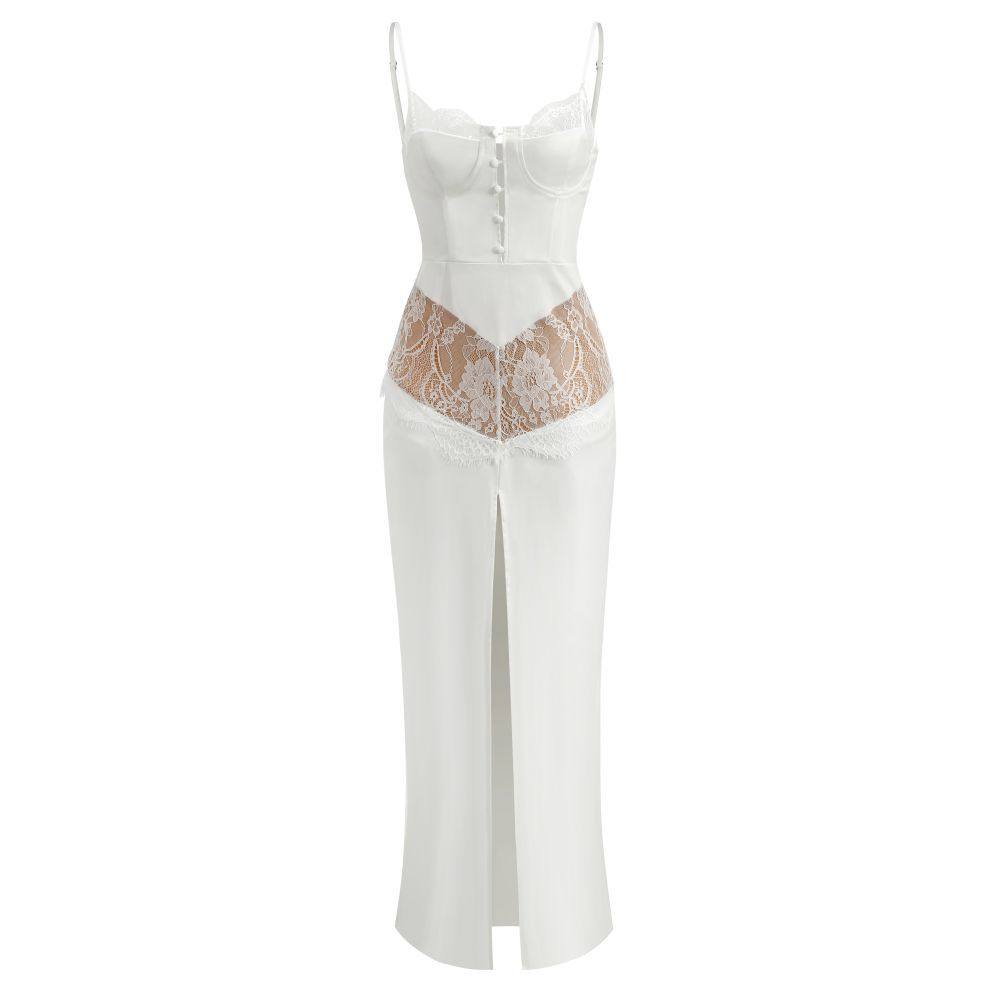 Lace suspender backless high slit button dress