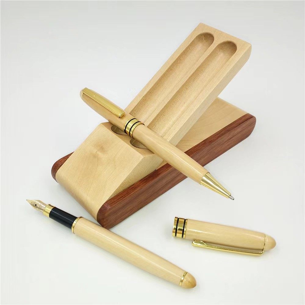 Maple wood pen set, maple wood signature pen, double wooden pen box in stock, batch engraving of LOGO