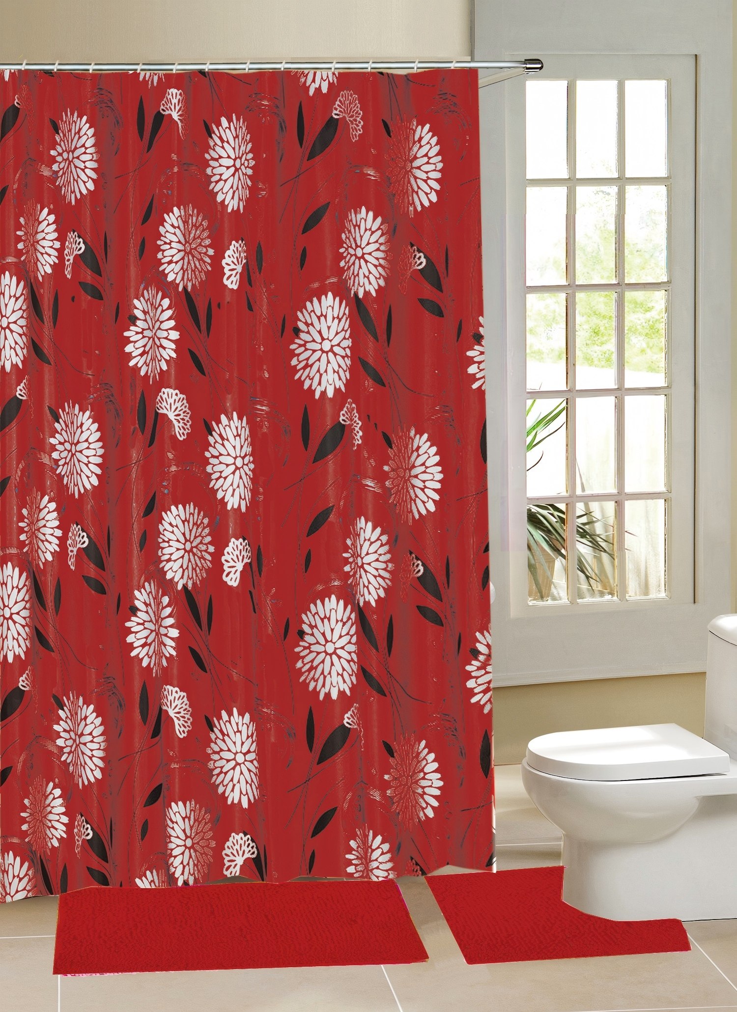 Red Floral Pattern Design Shower Curtain