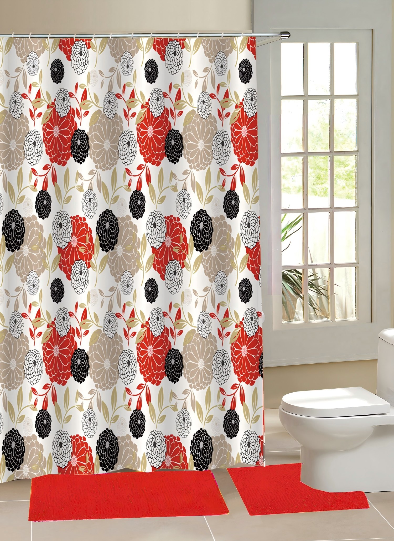 Mid Century Modern Funky Flowers in Red Shower Curtain