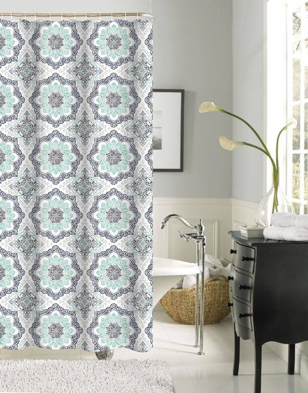 Grey Floral Medallion with Turquoise Border Shower Curtain