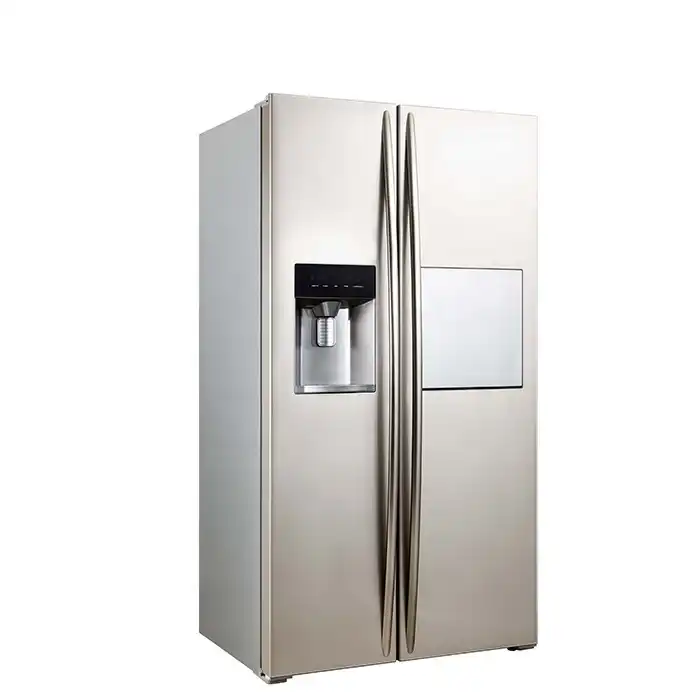 REFRIGERATOR HUA070 Energy Efficiency Rating Grade 1 Type Side by side refrigerator with Ice maker and Water dispenser Installation Plug ad socket Material Stainless steel Fridge Capacity 372L Freezer Capacity 171L Power (W) 110 Voltage (V) 220 Dimensions (L x W x H (Inches) 923*695*1751 Name Side by side refrigerator Quantity of Door 2 Temp Control Electronics Product dimensions (W/D/H)mm 911x706x1780 Packing dimensions (W/D/H)mm 968x750x1845 Net/Gross Wight(Kg) 110/120