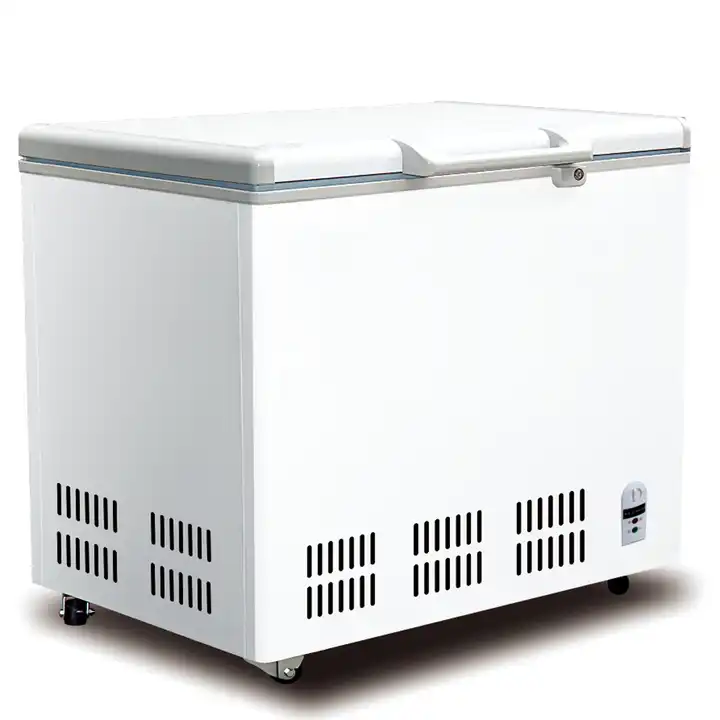 CHEST FREEZER HUA093 Defrost Type Auto-Defrost Door Type Folding Door Power (W) 670 Voltage (V) 220 Type Chest / Deep Freezer Power Source Electric Certification ce Dimensions(mm) 805*595*885 Packing size(mm) 855*625*910 Temperature -18~0℃ / 0~10℃ Color White Freezing medium R600a N/W 35KG Power 0.67Kw/H