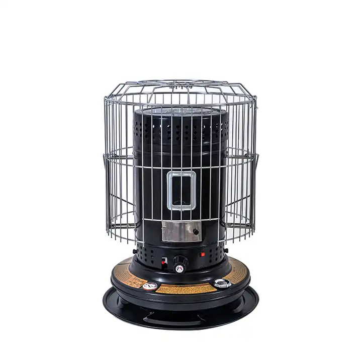 KEROSENE HEATER HUA214 App-Controlled: NO Installation: PORTABLE Function: Adjustable Thermostat, Overheat Protection, Tip-Over Protection Measurement:	26*18.3*18.3inches N.W: 10.8kgs Tank Capacity: 1.9 U.S. gallons Fuel Consumption: 0.167 U.S. gallons/hr. Heater Output: 5500 kca / hr Continues Heating Duration: 8-12hr Chimney Type	: Metal Tank System: Integral Ignition Type: Battery-AA Cell x4, Igniter Type 