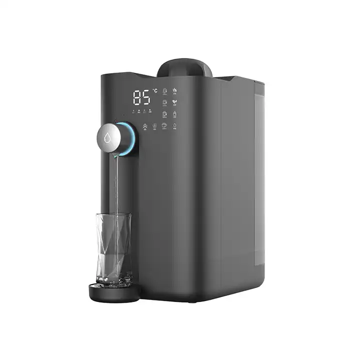 WATER DISPENSER HUA244 Dimensions (L x W x H (Inches): 12*9*17 Power (W): 2200 Voltage (V): 220 Installation: Desktop Function: Hot Water Color: Black/White Material: Plastic Feature	: Eco-Friendly Water pressure: 0.1-0.4Mpa Water Tank: 7L Size: 470*185*390mm