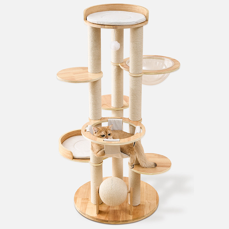 Multi Platform Solid Wooden Frame Pet Scratching Board Paper Rope Pole Sisal Post Rubber Wood Cat Tree Tower