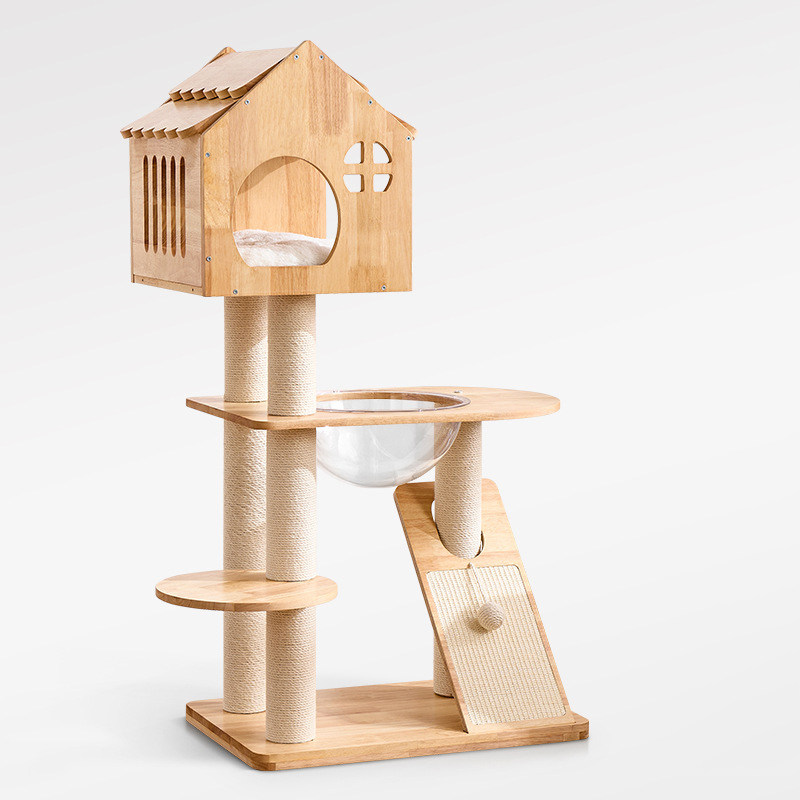 Durable Eco-friendly Modern Solid Wood & Sisal Cat Tree with Space Capsule Climbing Rack and Scratching Post Fun Cat House