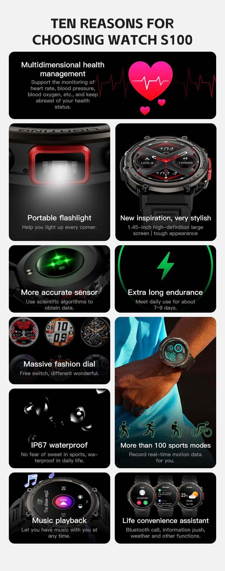 New Arrival Smartwatch Heart Rate Monitor FitCloudPro Waterproof IP67 Flashlight Outdoor Light Smart Watch Phones