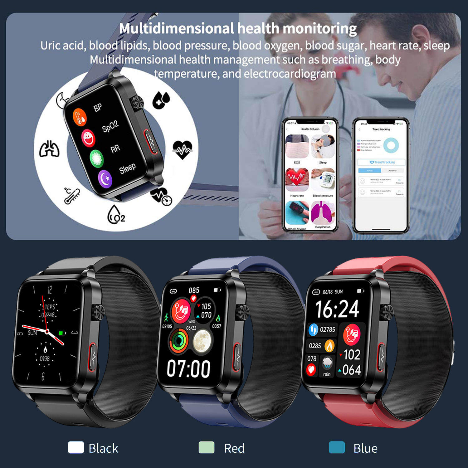 2024 Factory New Health Watch ECG VS11 Blood Pressure Precision Air Pump Blood Oxygen Medical Grade Friends Care ECG Smart Watch