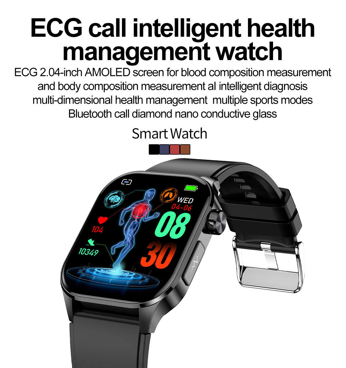 2024 New Arrival 2.04 Inch Amoled ECG SOS Calling Blood Oxygen Pressure Sleep Temperature Health Monitor VET580 Smart Watch