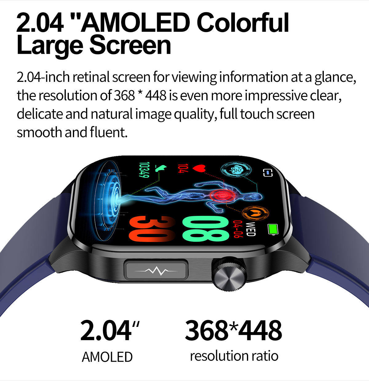 2024 New Arrival 2.04 Inch Amoled ECG SOS Calling Blood Oxygen Pressure Sleep Temperature Health Monitor VET580 Smart Watch