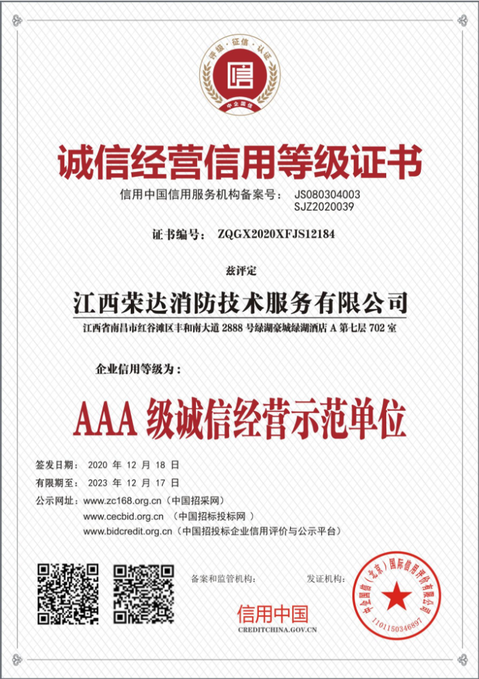 诚信经营信用等级证书