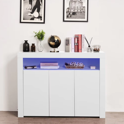 HOME DECORATION ITEM CABINET CA502Modern High Gloss Wood Storage Cabinet with 3 Doors & Open Compartment & Cable Hole TV Stand with LED Lights for Dining SK BRAND HS CODE:  940310