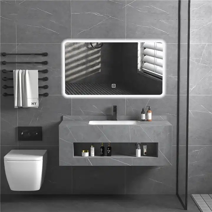 Artificial stone wall hung cabinet hand wash basin sanitary ware white marble slab bathroom vanity top double sink