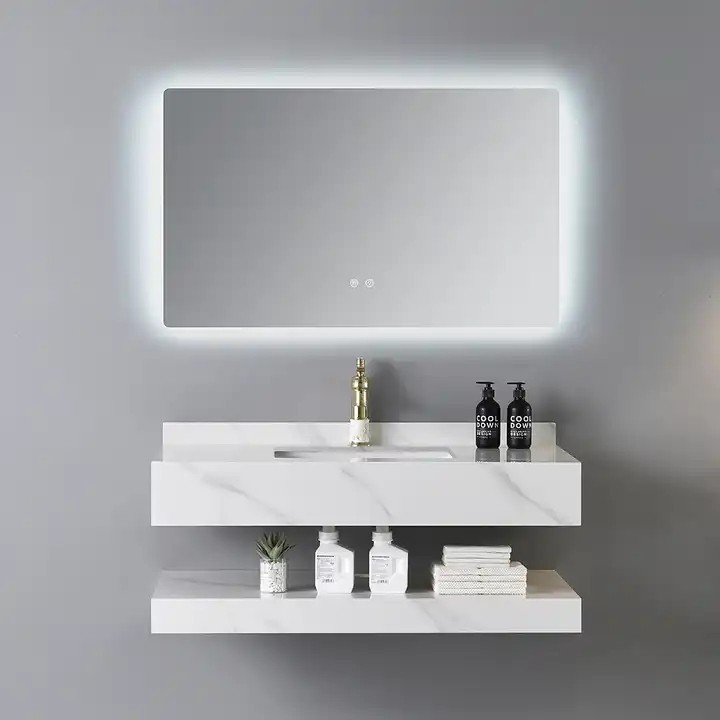 Europe luxury style washroom wall mounted marble basin vanity cabinet Bathroom Rock Slab Sinks with smart LED Mirror