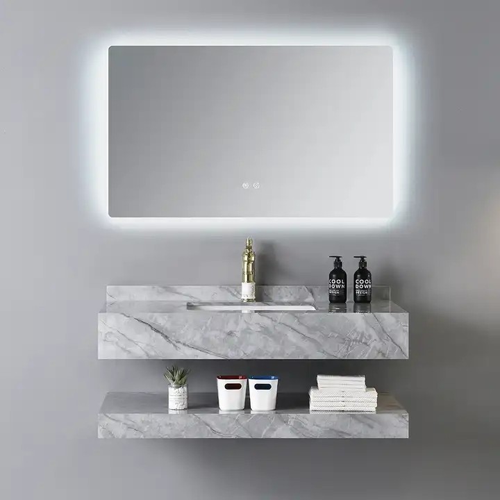 Europe luxury style washroom wall mounted marble basin vanity cabinet Bathroom Rock Slab Sinks with smart LED Mirror