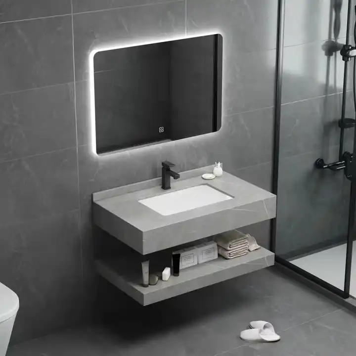 Europe luxury style washroom wall mounted marble basin vanity cabinet Bathroom Rock Slab Sinks with smart LED Mirror